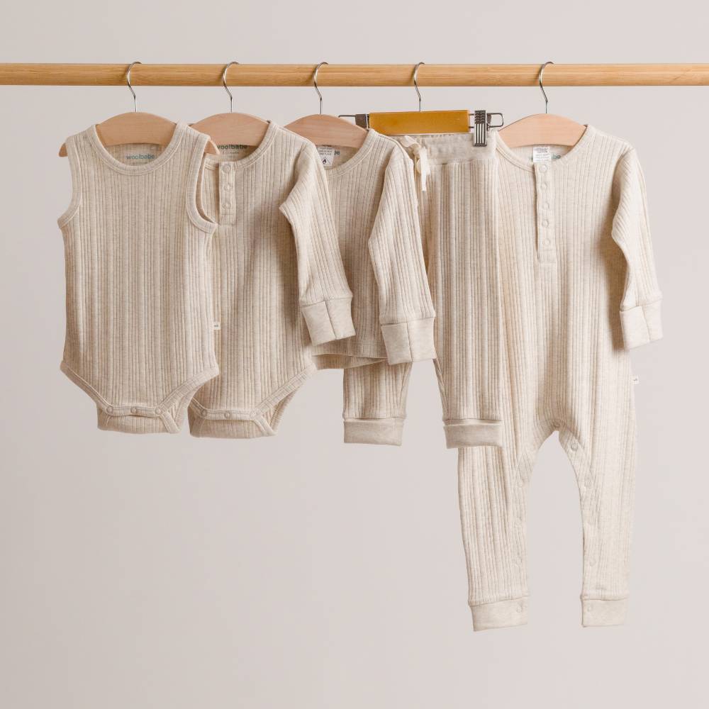 Woolbabe Organic Cotton/Merino Long Sleeve Henley Bodysuit Natural Marl