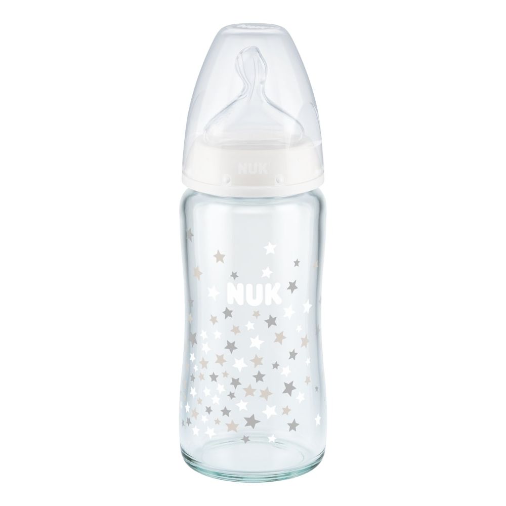 NUK First Choice Glass Bottle, 240 ml, Silicone Teat, 0-6mths