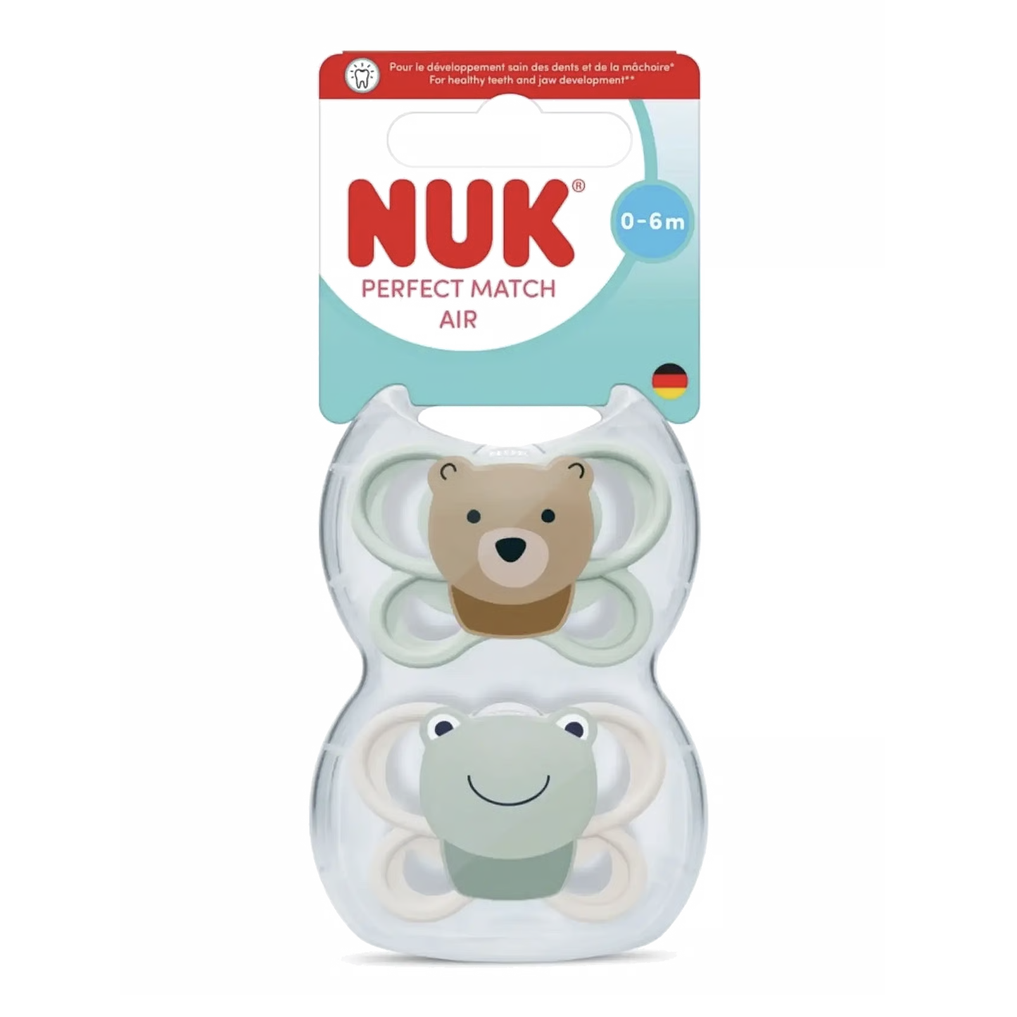 NUK Perfect Match Air Soothers 0-6mths 2pk - Green Bear/Frog