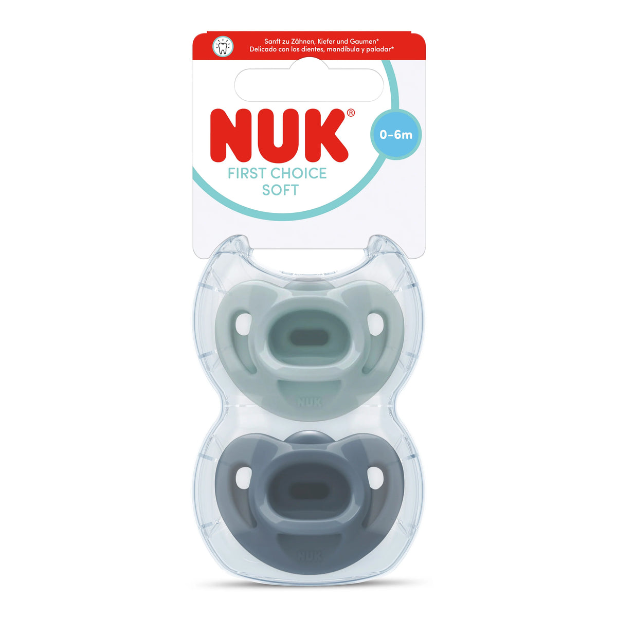 NUK First Choice Soft Soothers 2pk - Green/Blue 0-6mths