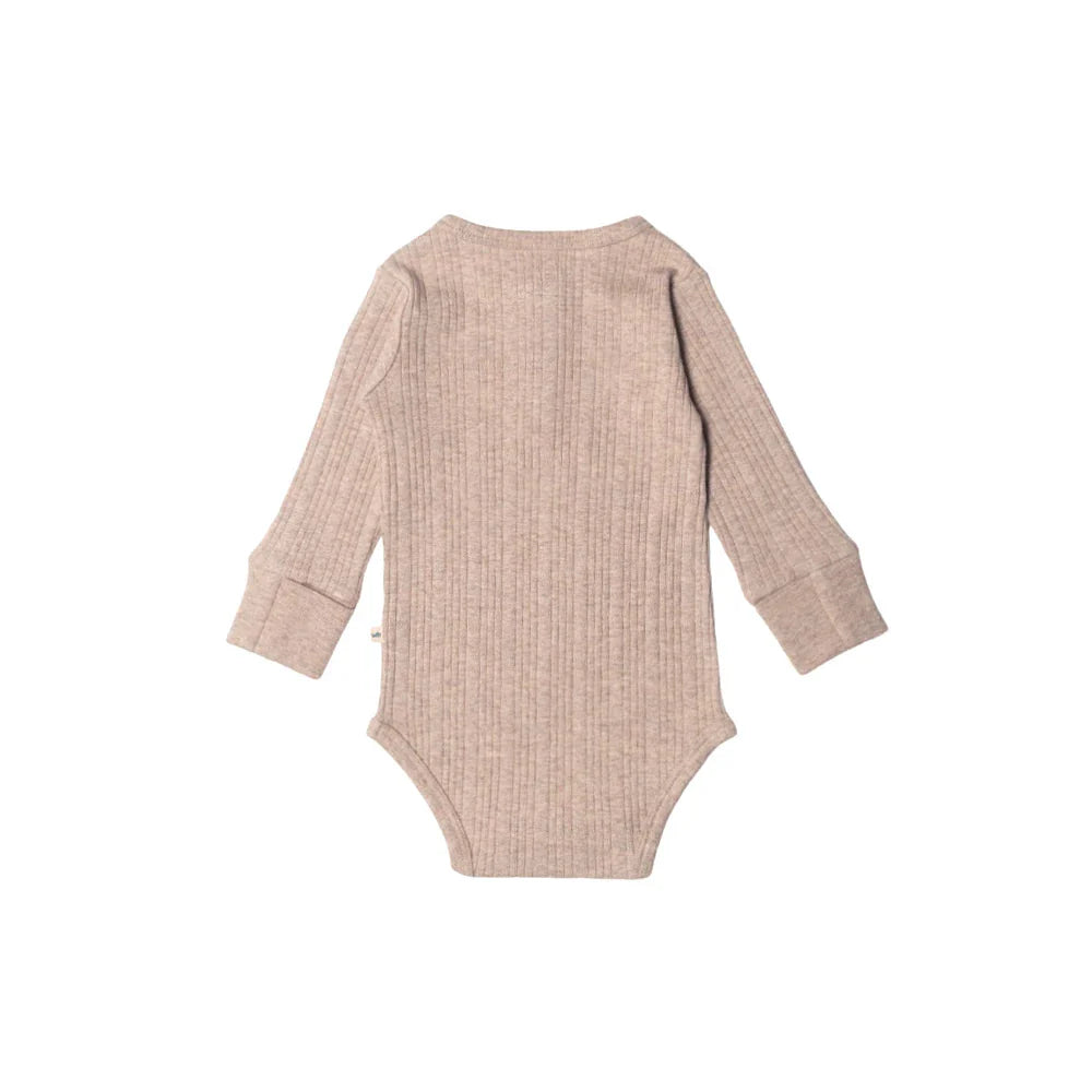 Woolbabe Organic Cotton/Merino Long Sleeve Henley Bodysuit Dune Marl