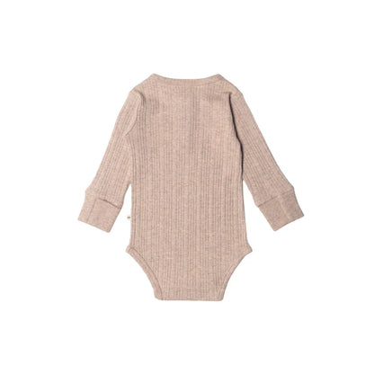 Woolbabe Organic Cotton/Merino Long Sleeve Henley Bodysuit Dune Marl