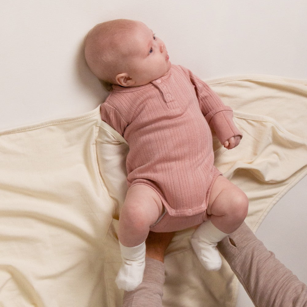 Woolbabe Organic Cotton/Merino Long Sleeve Henley Bodysuit Dusk Marl
