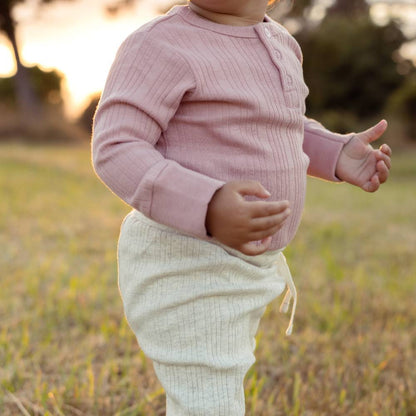 Woolbabe Organic Cotton/Merino Long Sleeve Henley Bodysuit Dusk Marl
