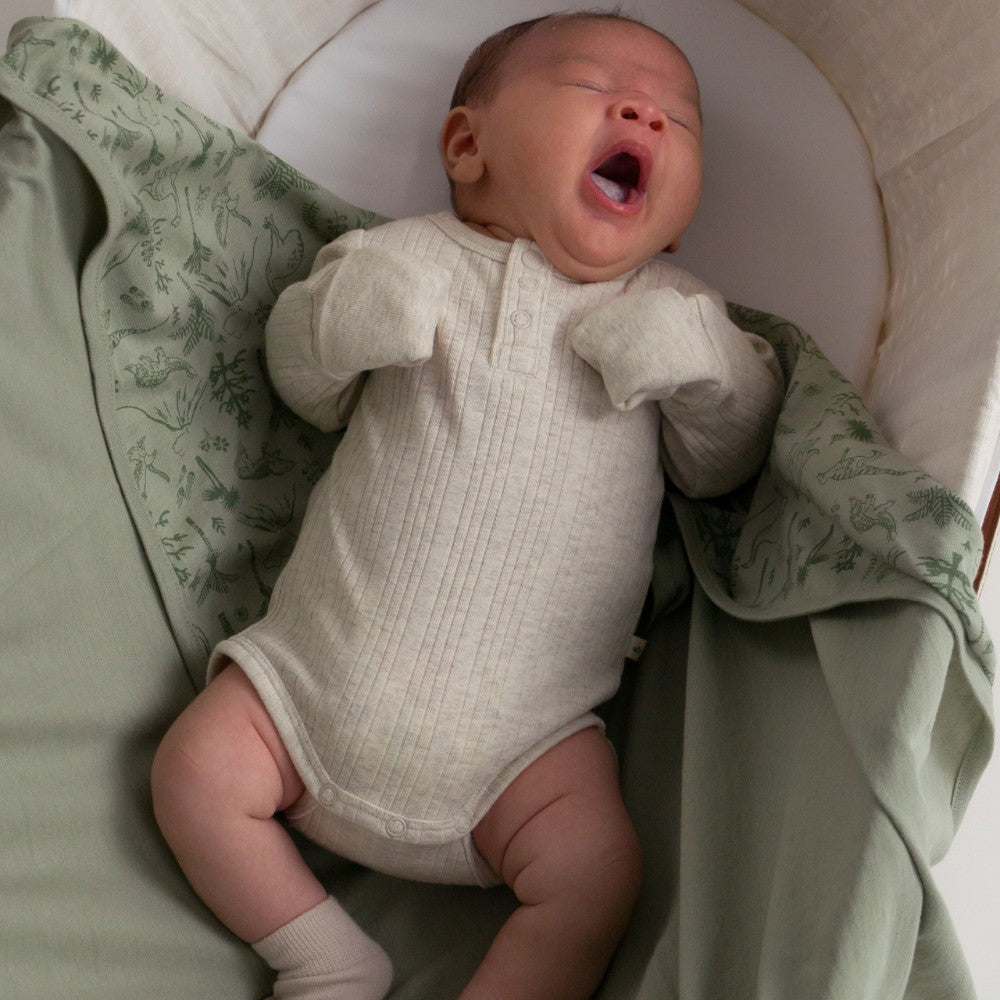 Woolbabe Organic Cotton/Merino Long Sleeve Henley Bodysuit Natural Marl