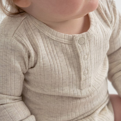 Woolbabe Organic Cotton/Merino Long Sleeve Henley Bodysuit Natural Marl