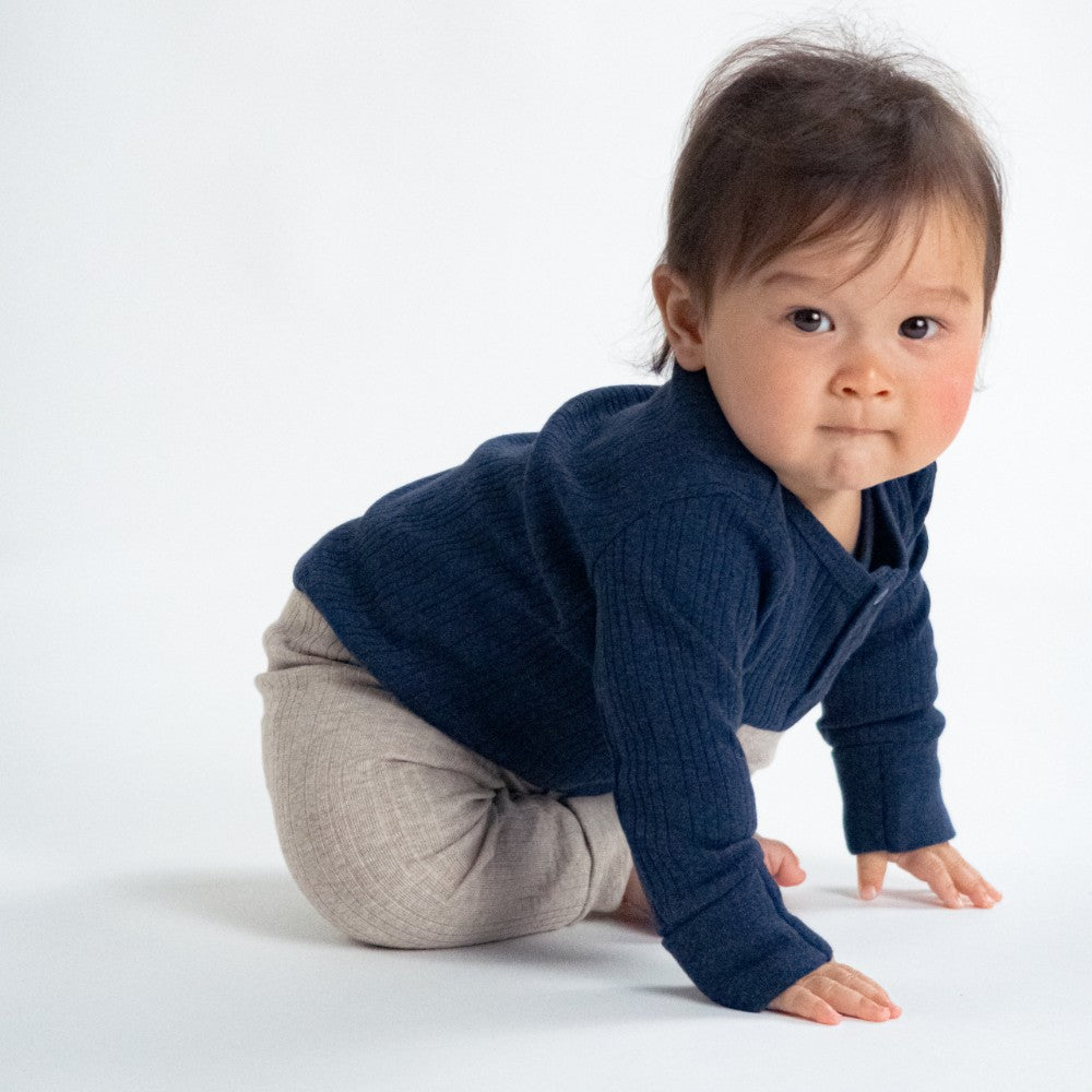 Woolbabe Organic Cotton/Merino Long Sleeve Henley Bodysuit Tekapo Marl