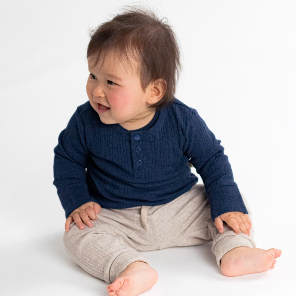 Woolbabe Organic Cotton/Merino Long Sleeve Henley Bodysuit Tekapo Marl