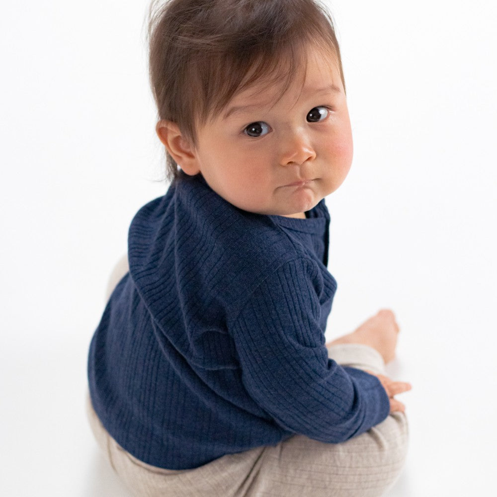 Woolbabe Organic Cotton/Merino Long Sleeve Henley Bodysuit Tekapo Marl