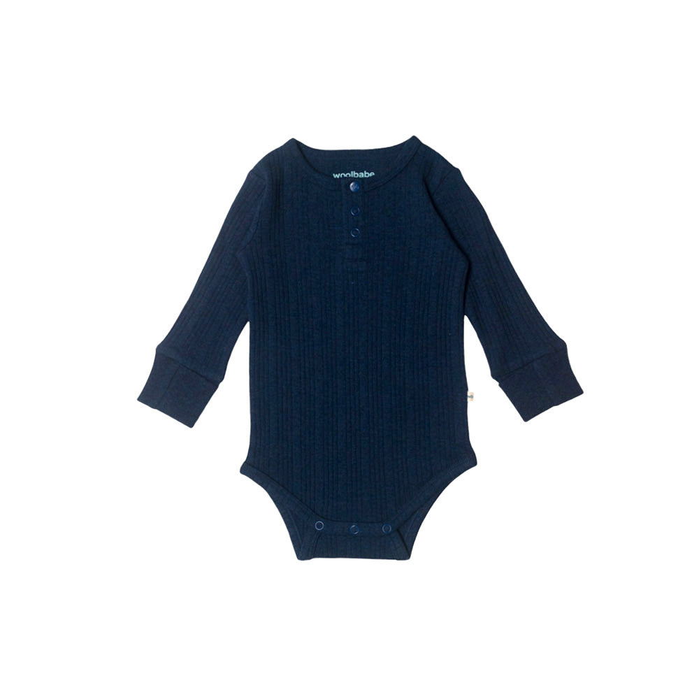Woolbabe Organic Cotton/Merino Long Sleeve Henley Bodysuit Tekapo Marl