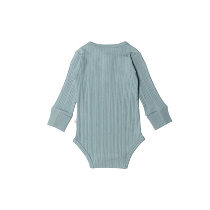 Woolbabe Organic Cotton/Merino Long Sleeve Henley Bodysuit Tide Marl