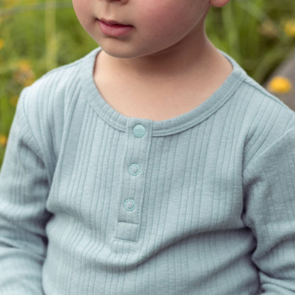 Woolbabe Organic Cotton/Merino Long Sleeve Henley Bodysuit Tide Marl
