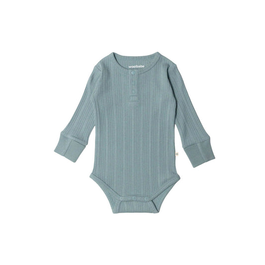 Woolbabe Organic Cotton/Merino Long Sleeve Henley Bodysuit Tide Marl