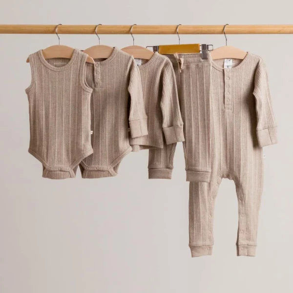 Woolbabe Organic Cotton/Merino Long Sleeve Henley Bodysuit Dune Marl