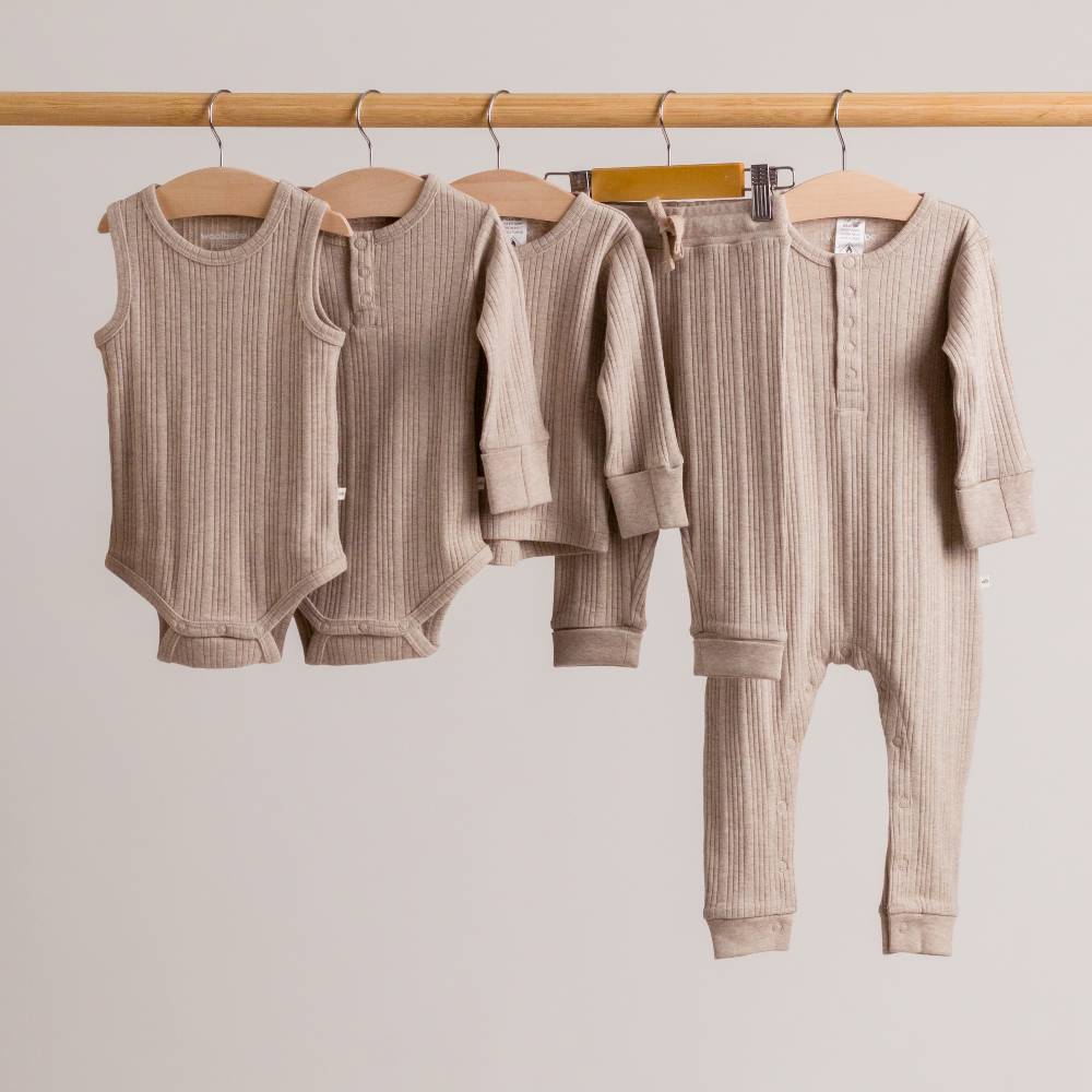 Woolbabe Organic Cotton/Merino Long Sleeve Henley Suit Dune Marl