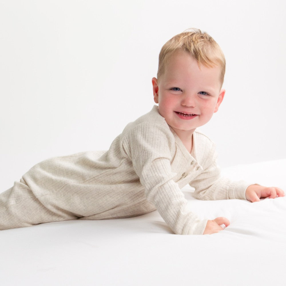 Woolbabe Organic Cotton/Merino Long Sleeve Henley Suit Natural Marl