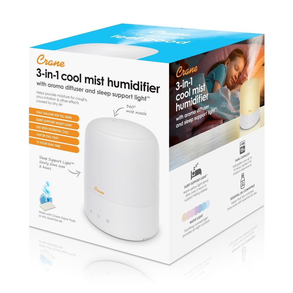 Crane 3 in 1 Cool Mist Humidifier with Aroma Diffuser &amp; Sleep Support Light
