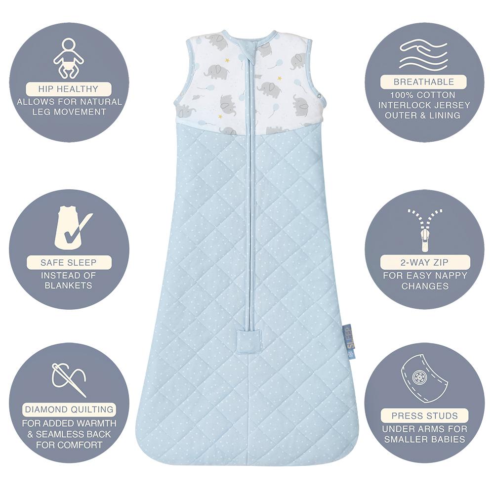 Living Textiles Smart Sleep Quilted Sleeping Bag 2.5TOG Mason Elephant - Clearance