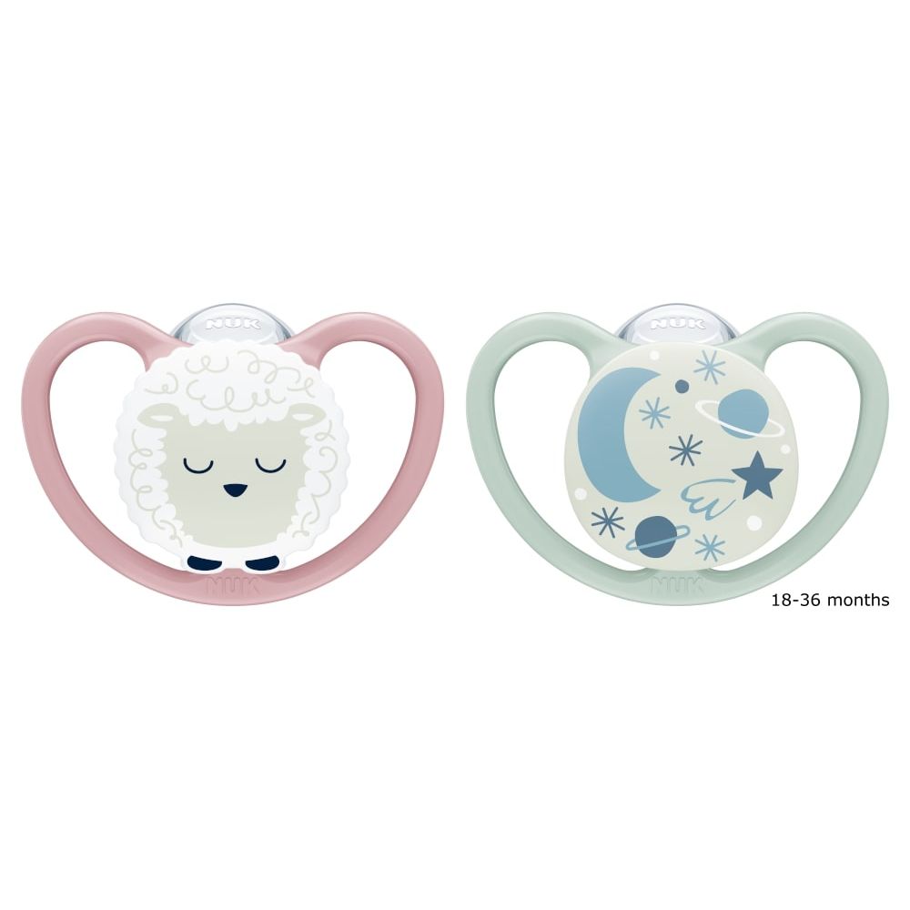 Space Night Silicone Soothers 18-36mths 2pk