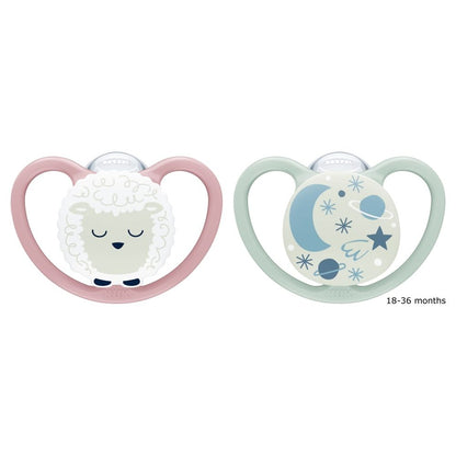 Space Night Silicone Soothers 18-36mths 2pk