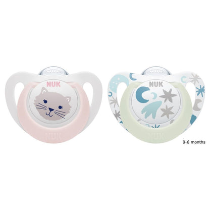 NUK Star Day &amp; Night Silicone Soothers 0-6mths 2pk