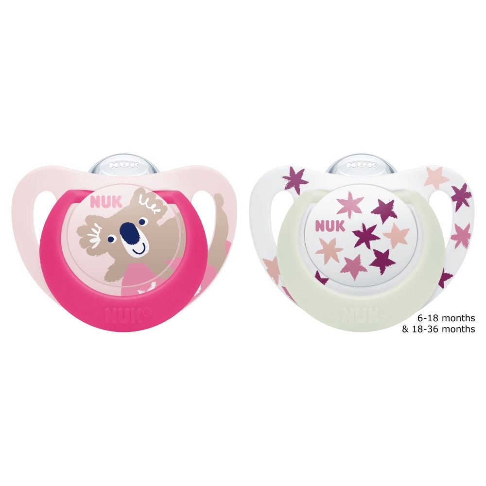 NUK Star Day &amp; Night Silicone Soothers 18-36mths 2pk