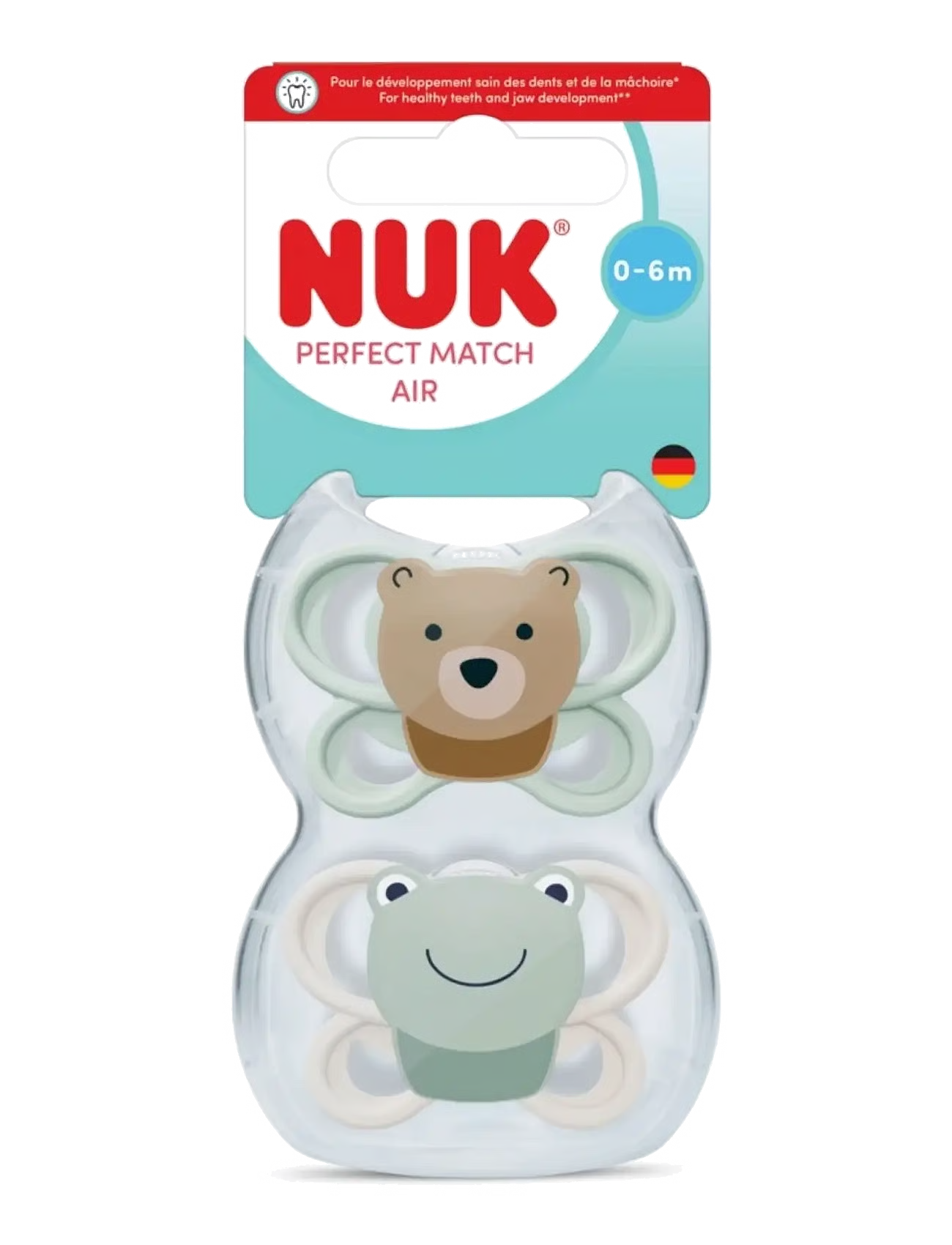 NUK Perfect Match Air Soothers 0-6mths 2pk - Green Bear/Frog