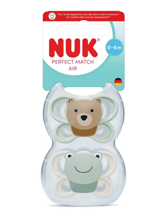 NUK Perfect Match Air Soothers 0-6mths 2pk - Green Bear/Frog