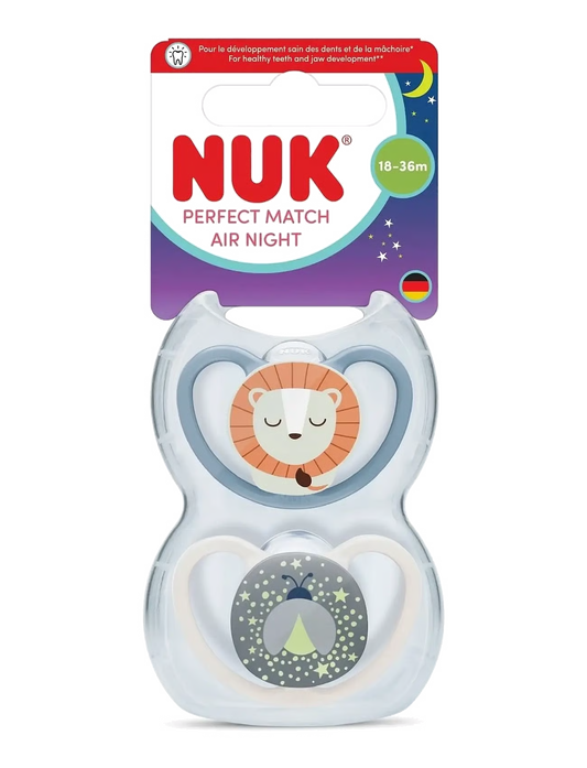 NUK Perfect Match Air Night Soothers 2pk - Blue Lion