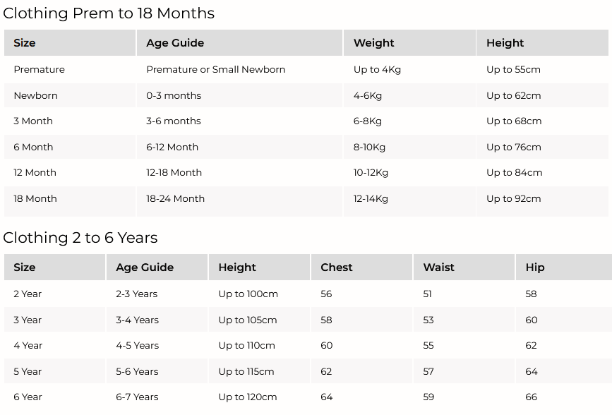 little-bee-clothing-size-guide