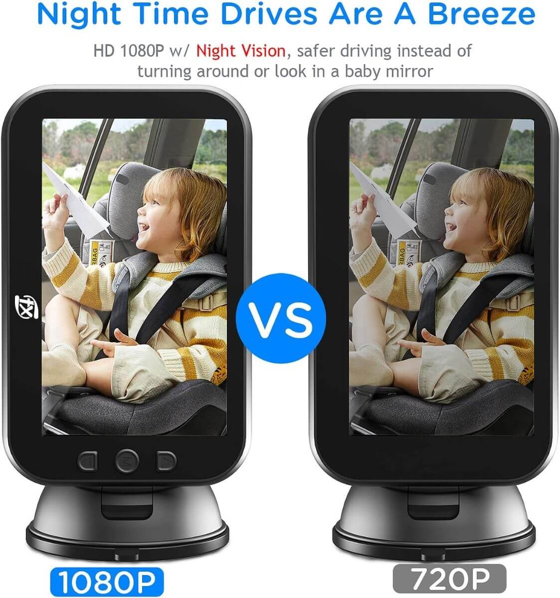 1080P 5 HD'' Baby Car mirror Camera, Night Vision Baby Car Seat