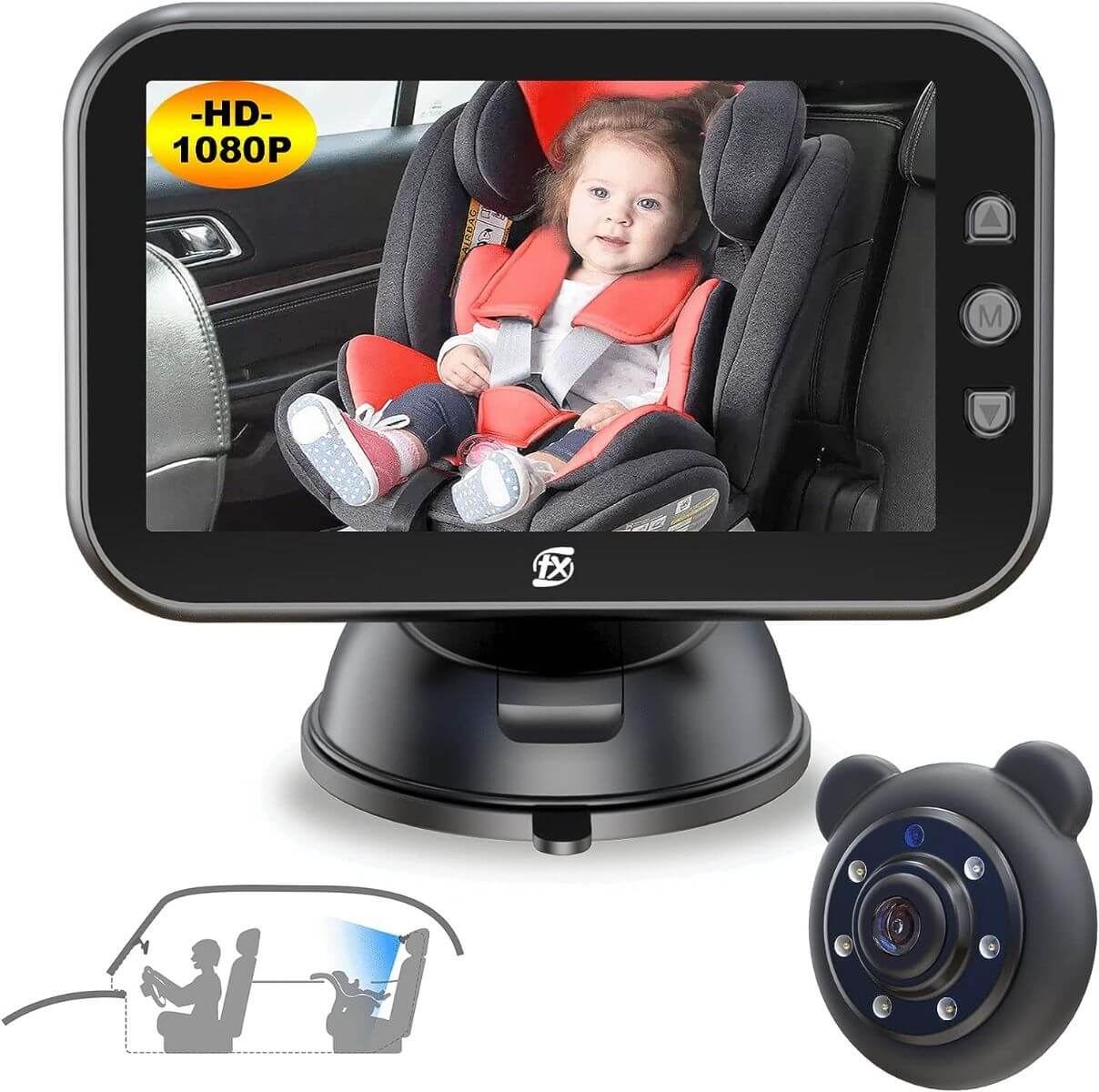 1080P 5 HD'' Baby Car mirror Camera, Night Vision Baby Car Seat